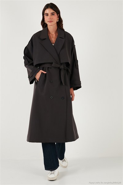 Oversize Fit Kruvaze Yaka Düğmeli Kemerli Uzun Kadın Trençkot 6839476 KOYU KAHVE
