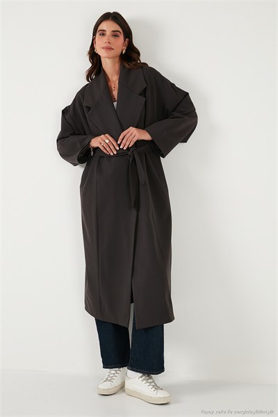 Oversize Fit Kruvaze Yaka Kuşaklı Astarlı Kadın Trençkot 6839617 KOYU KAHVE