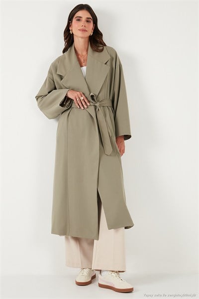 Oversize Fit Kruvaze Yaka Kuşaklı Astarlı Kadın Trençkot 6839617 HAKİ