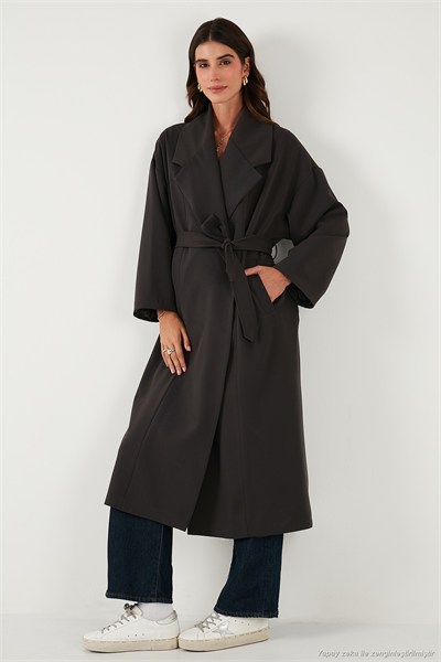 Oversize Fit Kruvaze Yaka Kuşaklı Astarlı Kadın Trençkot 6839617 KOYU KAHVE