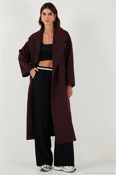 Oversize Fit Kruvaze Yaka Kuşaklı Astarlı Kadın Trençkot 6839617 MÜRDÜM