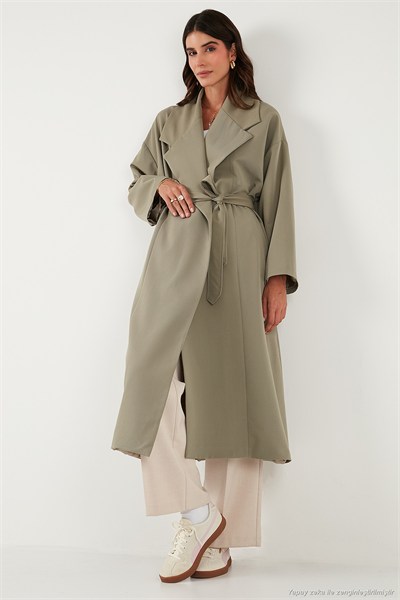 Oversize Fit Kruvaze Yaka Kuşaklı Astarlı Kadın Trençkot 6839617 HAKİ