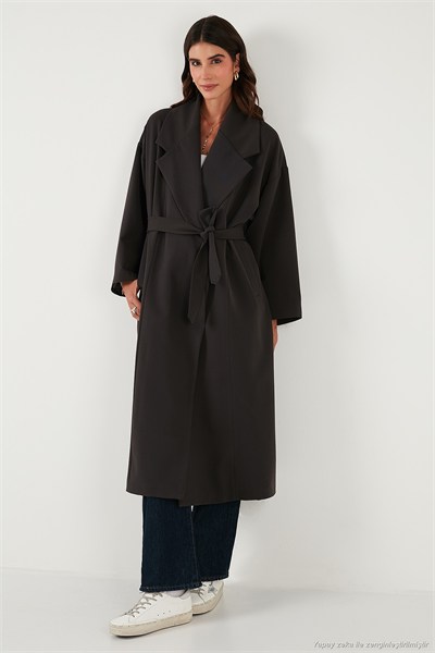 Oversize Fit Kruvaze Yaka Kuşaklı Astarlı Kadın Trençkot 6839617 KOYU KAHVE