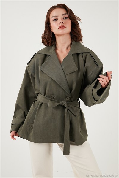 Oversize Fit Kruvaze Yaka Kuşaklı Düğmeli Kadın Trençkot 6839609 HAKİ