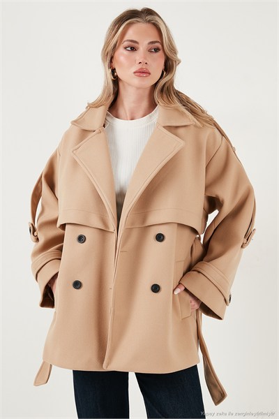 Oversize Fit Kruvaze Yaka Kuşaklı Kaşe Kadın Kaban 6839669 CAMEL