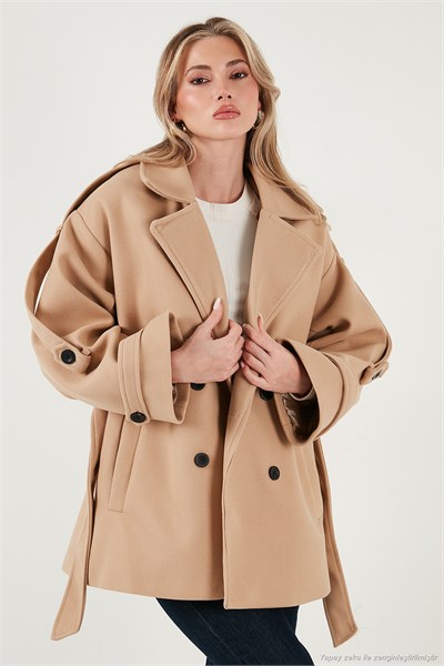 Oversize Fit Kruvaze Yaka Kuşaklı Kaşe Kadın Kaban 6839669 CAMEL