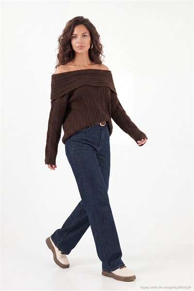 Oversize Fit Madonna Yaka Triko Kadın Kazak 4615216 KAHVE