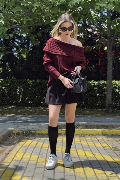 Oversize Fit Madonna Yaka Triko Kadın Kazak 4615216 BORDO