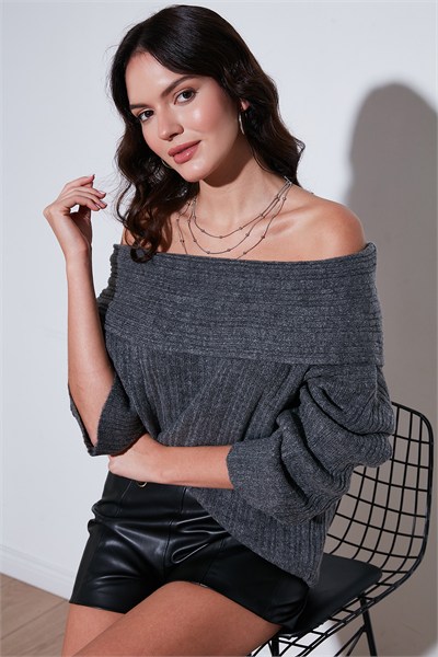 Oversize Fit Madonna Yaka Triko Kadın Kazak 4615216 ANTRASİT