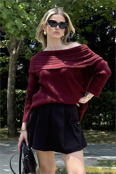 Oversize Fit Madonna Yaka Triko Kadın Kazak 4615216 BORDO