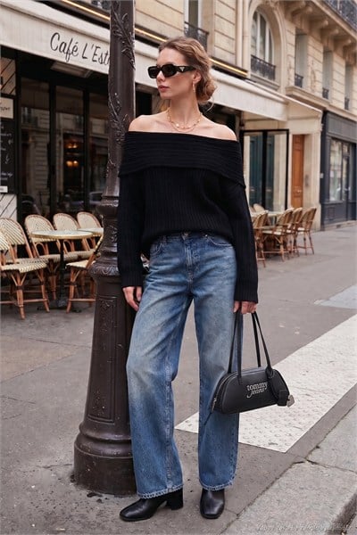 Oversize Fit Madonna Yaka Triko Kadın Kazak 4615216 SİYAH