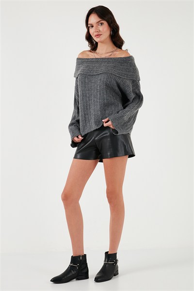 Oversize Fit Madonna Yaka Triko Kadın Kazak 4615216 ANTRASİT