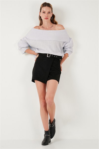 Oversize Fit Madonna Yaka Triko Kadın Kazak 4615216 AÇIK GRİ