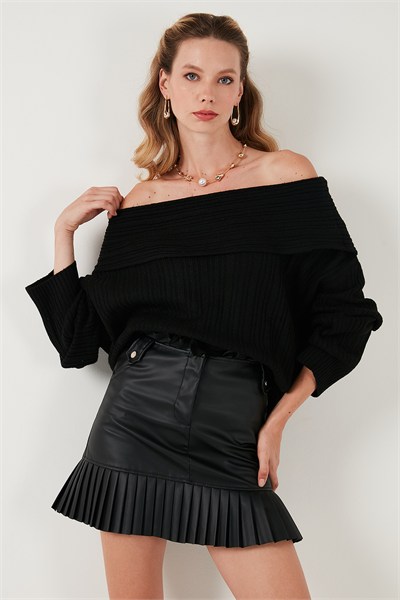 Oversize Fit Madonna Yaka Triko Kadın Kazak 4615216 SİYAH