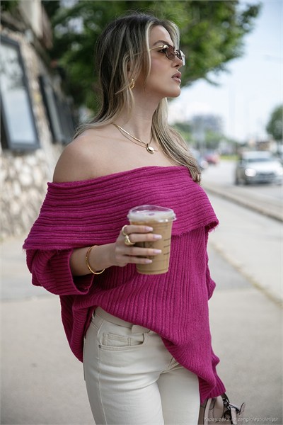 Oversize Fit Madonna Yaka Triko Kadın Kazak 4615216 FUŞYA