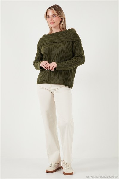 Oversize Fit Madonna Yaka Triko Kadın Kazak 4615216 HAKİ