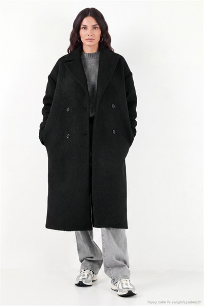 Oversize Fit Mono Yaka Düğmeli Buklet Uzun Kaşe Kadın Kaban 6811997 SİYAH