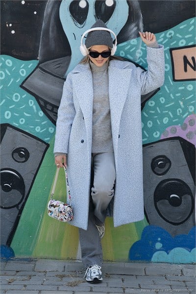 Oversize Fit Mono Yaka Düğmeli Buklet Uzun Kaşe Kadın Kaban 6810236 BEBE MAVİ