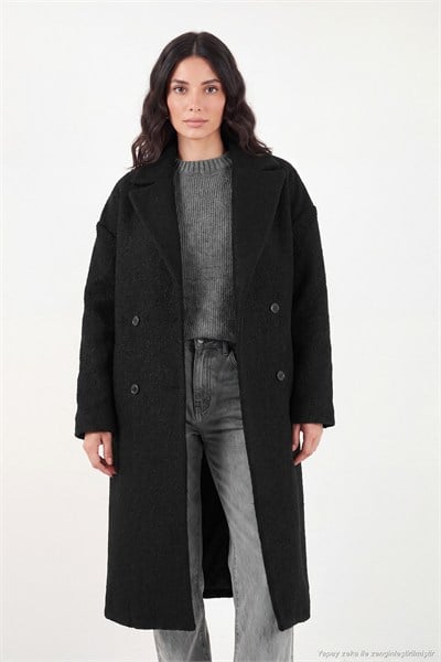 Oversize Fit Mono Yaka Düğmeli Buklet Uzun Kaşe Kadın Kaban 6811997 SİYAH