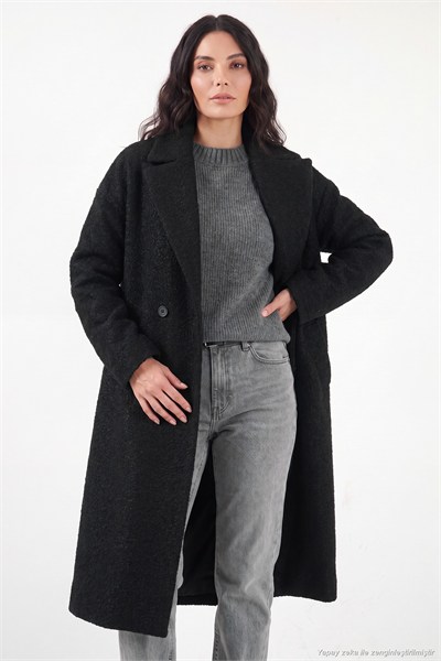 Oversize Fit Mono Yaka Düğmeli Buklet Uzun Kaşe Kadın Kaban 6811997 SİYAH