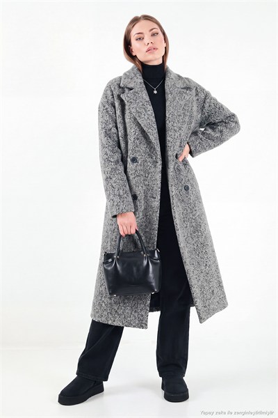 Oversize Fit Mono Yaka Düğmeli Buklet Uzun Kaşe Kadın Kaban 6811997 ANTRASİT