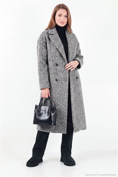 Oversize Fit Mono Yaka Düğmeli Buklet Uzun Kaşe Kadın Kaban 6811997 ANTRASİT