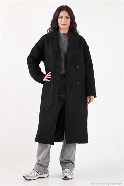 Oversize Fit Mono Yaka Düğmeli Buklet Uzun Kaşe Kadın Kaban 6811997 SİYAH