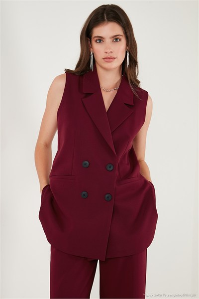 Oversize Fit Mono Yaka Kolsuz Düğmeli Ceket Kadın Yelek 6521177 BORDO