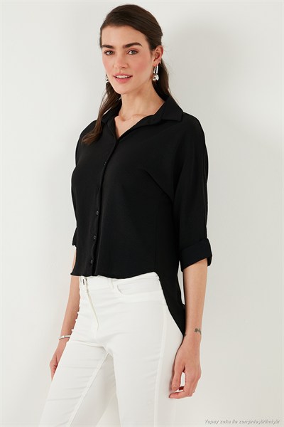 Oversize Fit Önü Kısa Arkası Uzun Truvakar Kol Kadın Gömlek 5866116 SİYAH