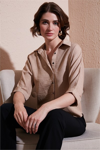Oversize Fit Önü Kısa Arkası Uzun Truvakar Kol Kadın Gömlek 5866116 BEJ