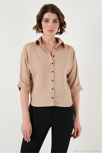 Oversize Fit Önü Kısa Arkası Uzun Truvakar Kol Kadın Gömlek 5866116 BEJ