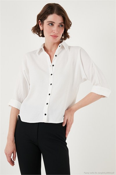 Oversize Fit Önü Kısa Arkası Uzun Truvakar Kol Kadın Gömlek 5866116 BEYAZ