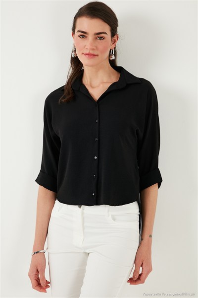 Oversize Fit Önü Kısa Arkası Uzun Truvakar Kol Kadın Gömlek 5866116 SİYAH