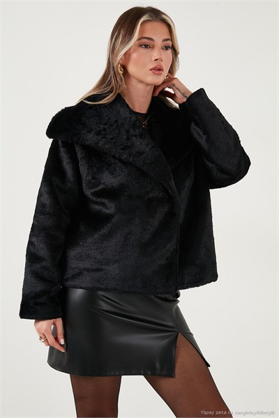 Oversize Geniş Yaka Çıtçıt Düğmeli Astarlı Peluş Kadın Mont 6839623 SİYAH