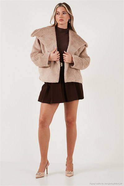 Oversize Geniş Yaka Çıtçıt Düğmeli Astarlı Peluş Kadın Mont 6839623 TAŞ