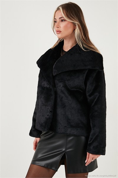 Oversize Geniş Yaka Çıtçıt Düğmeli Astarlı Peluş Kadın Mont 6839623 SİYAH