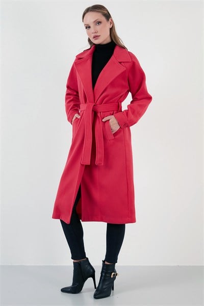 Oversize Kemerli Cepli Kışlık Kadın Kaban 42190454 FUŞYA