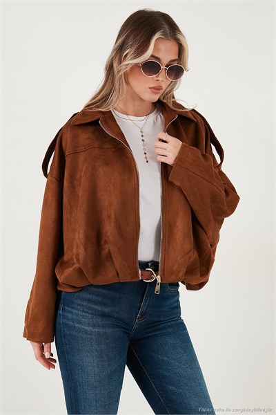 Oversize Klasik Yaka Fermuarlı Süet Dokulu Bomber Kadın Ceket 6839635 TABA