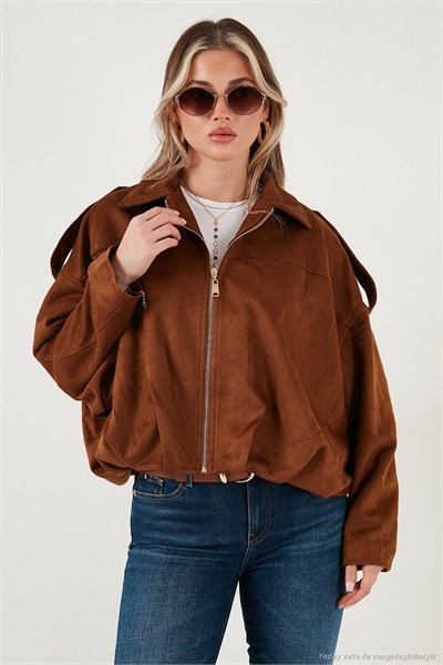 Oversize Klasik Yaka Fermuarlı Süet Dokulu Bomber Kadın Ceket 6839635 TABA