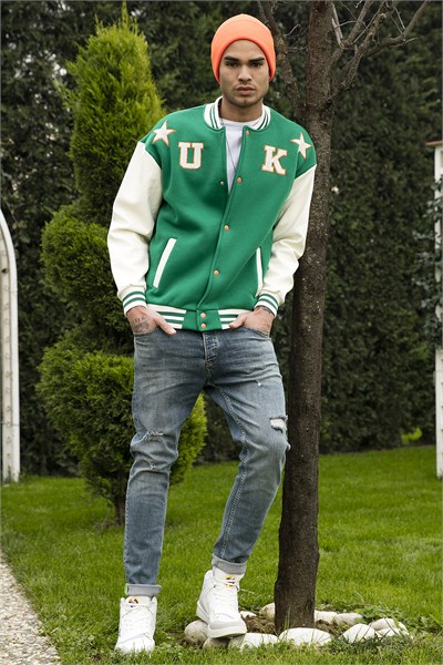 Oversize Kolej Yaka Cepli Bomber Erkek Ceket 628MNH178 KOYU YEŞİL