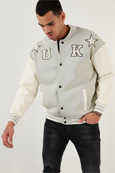 Oversize Kolej Yaka Cepli Bomber Erkek Ceket 628MNH178 GRİ