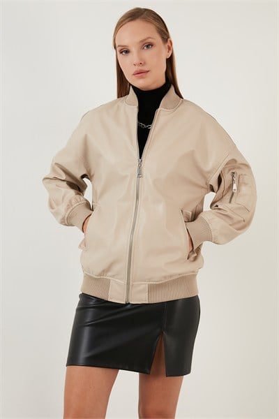 Oversize Kolej Yaka Fermuarlı Suni Kadın Deri Mont 6230116 TAŞ