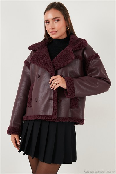 Oversize Kruvaze Yaka Peluş Detaylı Suni Deri Biker Ceket Kadın Mont 6810247 BORDO