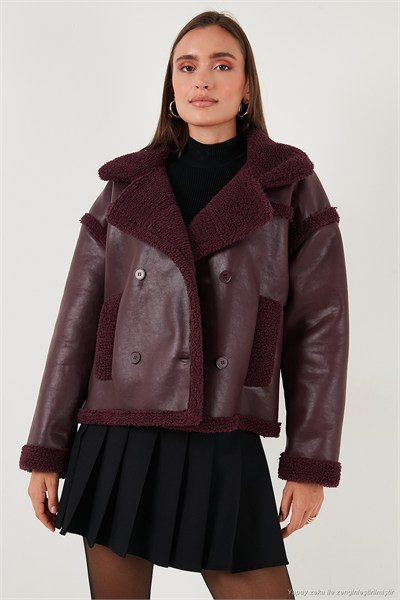 Oversize Kruvaze Yaka Peluş Detaylı Suni Deri Biker Ceket Kadın Mont 6810247 BORDO