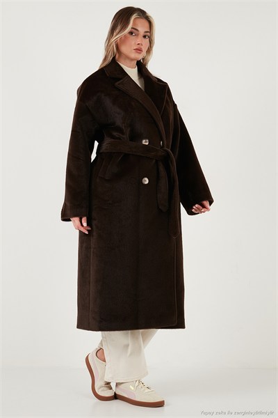 Oversize Kruvaze Yaka Yumuşak Dokulu Uzun Kadın Kaban 6839610 KAHVE