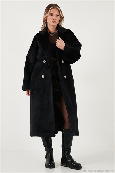 Oversize Kruvaze Yaka Yumuşak Dokulu Uzun Kadın Kaban 6839610 SİYAH
