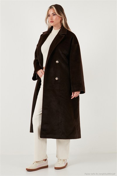 Oversize Kruvaze Yaka Yumuşak Dokulu Uzun Kadın Kaban 6839610 KAHVE