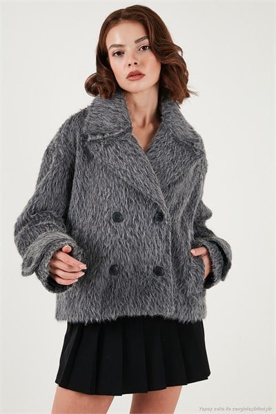 Oversize Kruvaze Yaka Yumuşak Tüylü Düğmeli Astarlı Kadın Mont 6839659 ANTRASİT