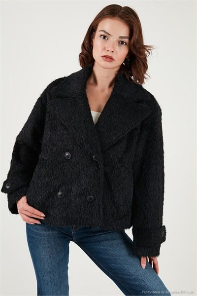Oversize Kruvaze Yaka Yumuşak Tüylü Düğmeli Astarlı Kadın Mont 6839659 SİYAH