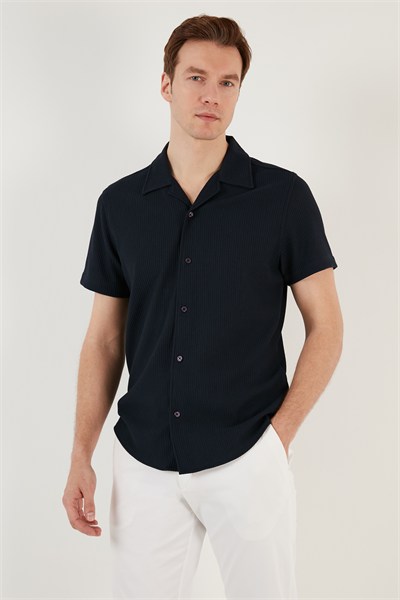 Pamuk Karışımlı Apaş Yaka Kısa Kollu Regular Fit Erkek Gömlek CF24S115882 LACİVERT